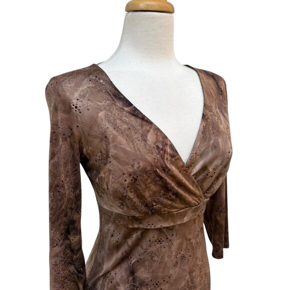 VTG INC Top Med Brown Sequins V Neck Empire Waist Whimsigoth FairyGrunge Stretch - Picture 2 of 9